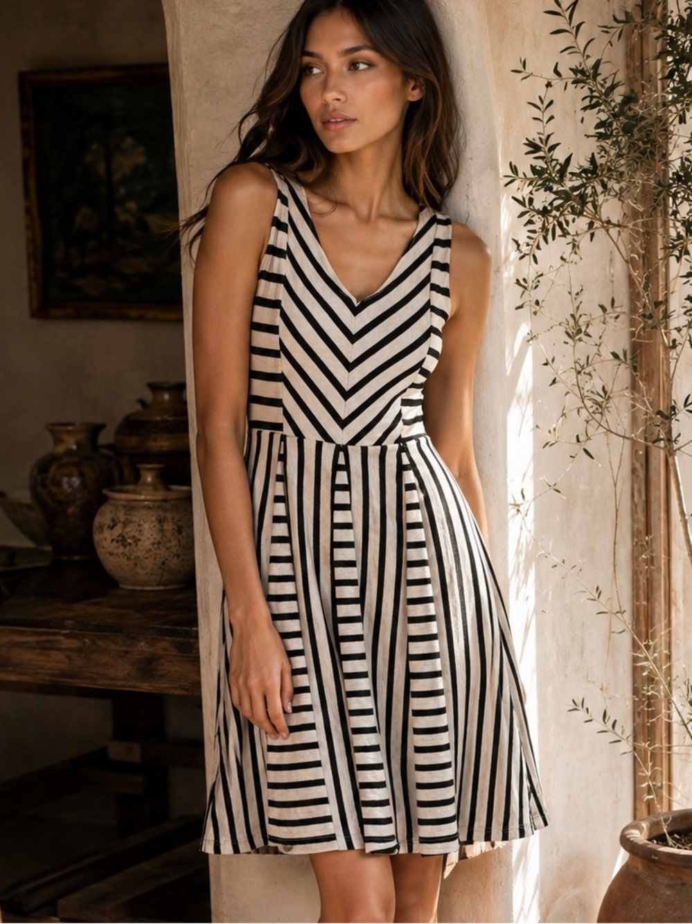 Anthropologie Saturday Sunday Striped Chevron Fit & Flare Dress Black White S